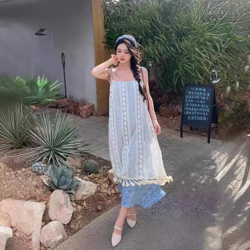 2024 Summer New Bohemian Lace Floral Sling dress Niche Design Holiday Style Long Dress