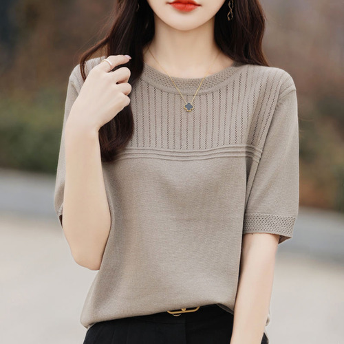 Summer New Women's Beaded Ice Silk Short Sleeve Knit T-Shirt Round Neck Thin Version Korean Style Wholesale