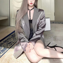 高级设计感缎面西装外套女秋冬新款韩版气质宽松休闲拼色西服上衣