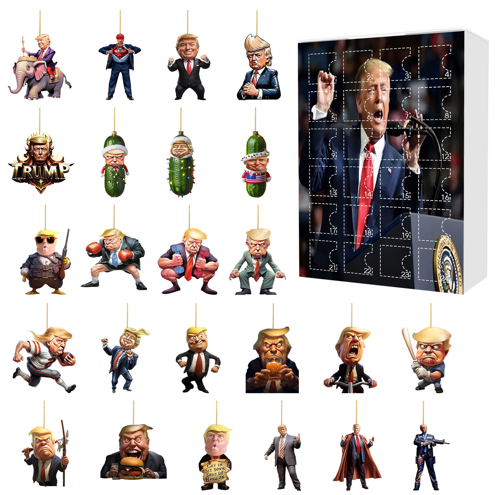 thumbnail image 1 of Calendario de Adviento de Navidad Nuevo calendario de cuenta regresiva de Navidad de 24 días Caja sorpresa Caja sorpresa Trump Colgante de árbol de Navidad acrílico, 1 of 5