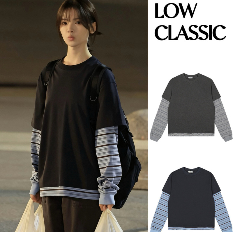 Korean Niche Fashion Brand Low Classic Fake Two-Piece Long-Sleeve T-Shirt with Striped Crew Neck Sweatshirt Top for Women