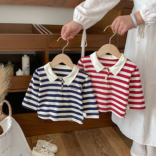 Dianxi 2025 New Autum Style Infant Stripesd Polo Shirt Baby Style Loose Top Casual Bottoming Shirt Trendy