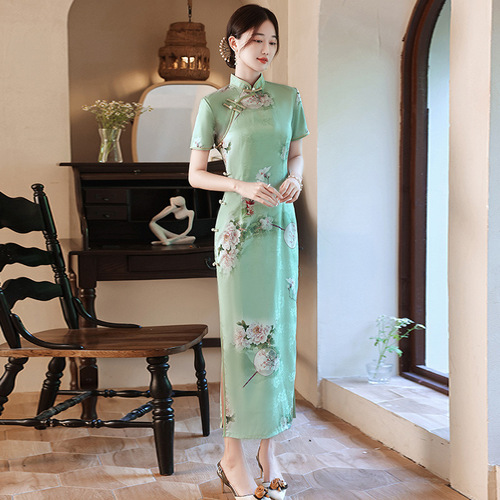 Green Chinese Dress qiapo retro cheongsam dress for women girls host singer miss ettiquette dresses