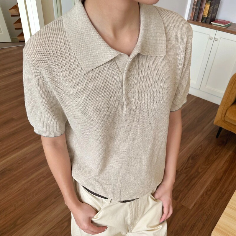 【New Luxury】Summer Knitted Linen Material Cable Knit Old Money Style Loose Breathable Polo Short Sleeve Knit Shirt