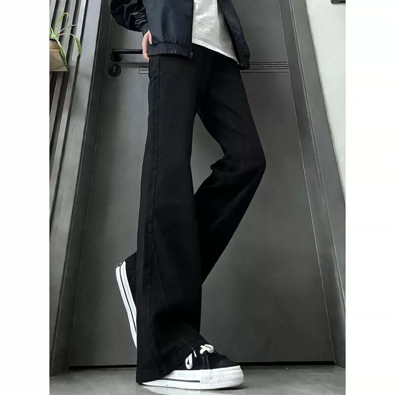 Cleanfit Black Diagonal Cut Curved Hem Jeans for Men, American High Street Style, Trendy Vibe, Straight Fit, Slimming, Slightly Flared Pants