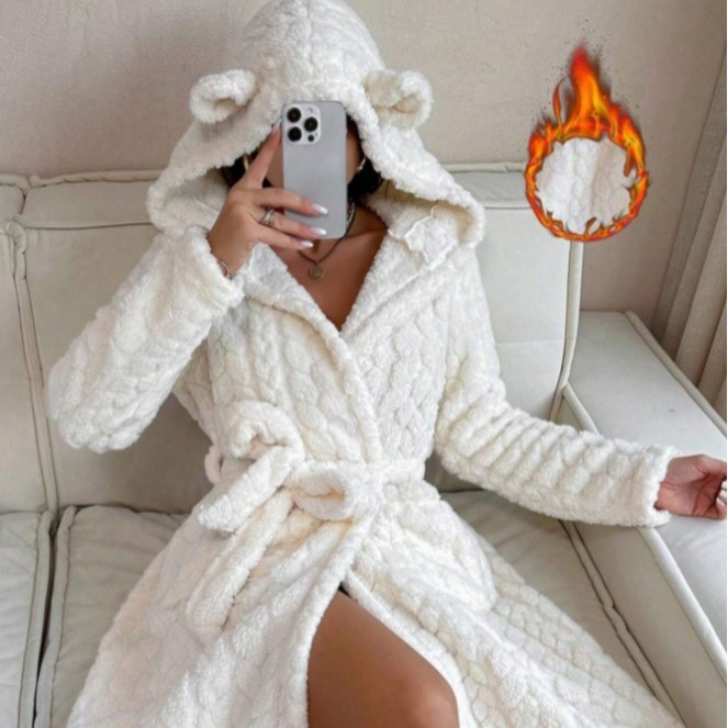 Cross-Border Amazon Plush Autumn and Winter Bear Medal Hooded Robe with Ears, Lace-Up Coral Fleece Women's Bathrobe