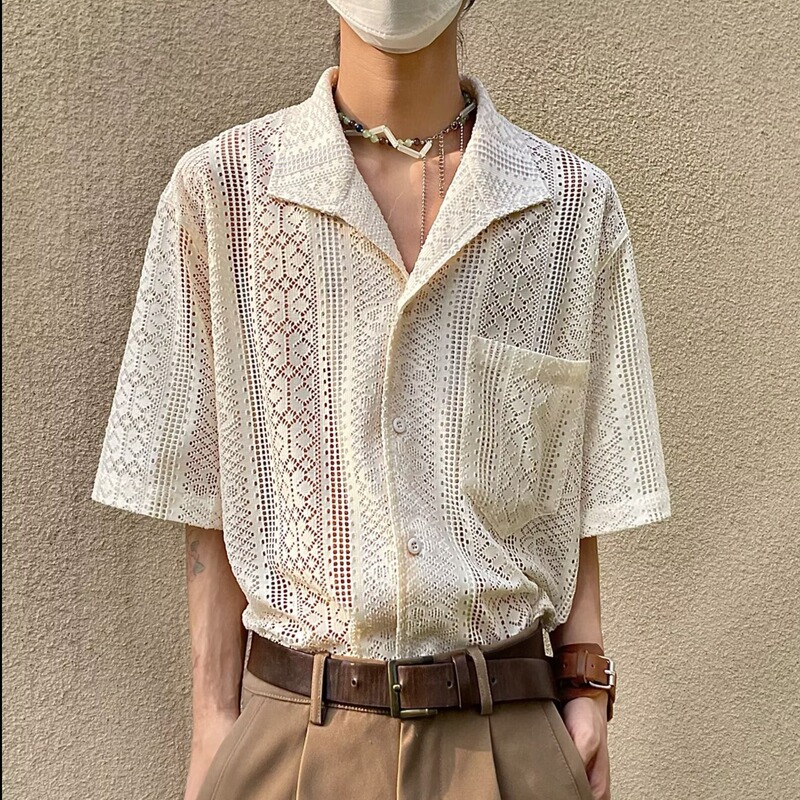 Design Sense Summer Thin Retro Breathable Hollow Lace Cuban Collar Shirt Casual Unisex Sunscreen Short Sleeve Shirt