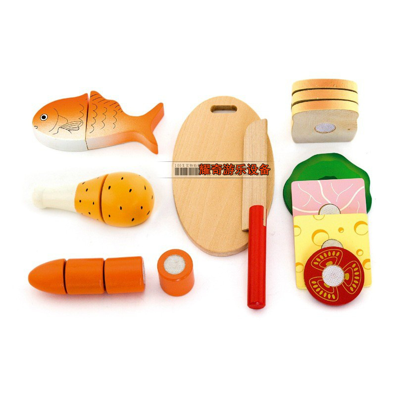 Play House Toy Dinner Set. Cooking Gourmet Kitchen Doll House Wooden Artificial Fruit Bread Fish Props