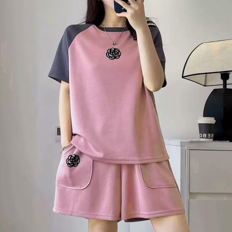 Новые летние шорты с короткими рукавами, повседневный спортивный костюм, универсальный модный топ большого размера, контрастный цвет, комплект из двух предметов