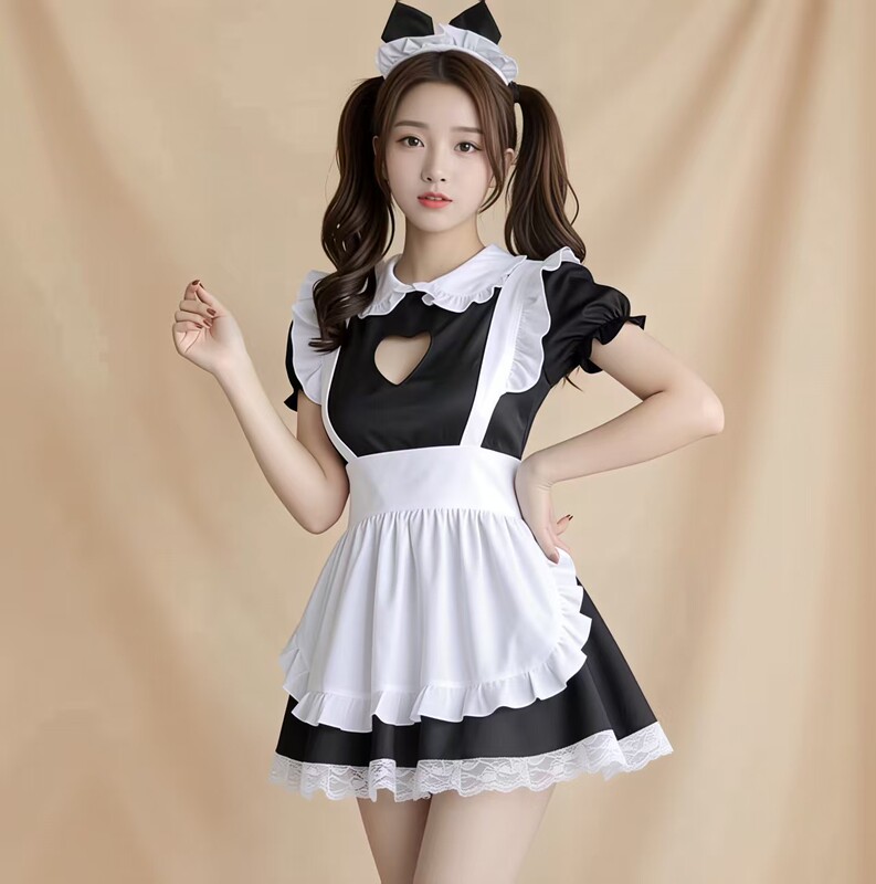 Nighttime Luxury Sexy Lingerie Set Pajamas Qqny Heart-Shaped Hollow-Out Maid Outfit Role-Playing Sexy Lace