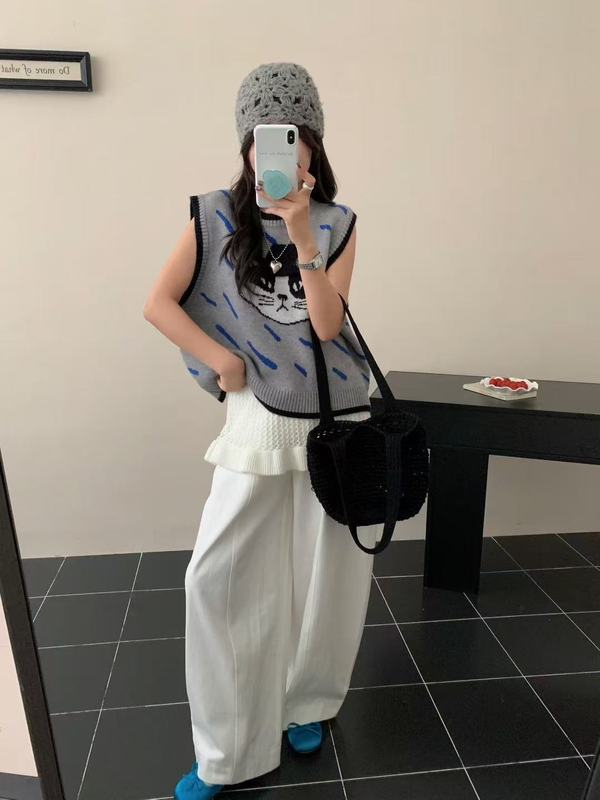 可爱风针织马甲猫咪提花条纹无袖软糯减龄秋冬季针织毛衣背心女装|undefined