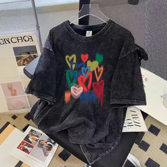 高品質レトロヨーロッパとアメリカのヒップホップトレンディなブランド半袖Tシャツレディース大きいサイズルーズオーバーサイズウォッシュブラック