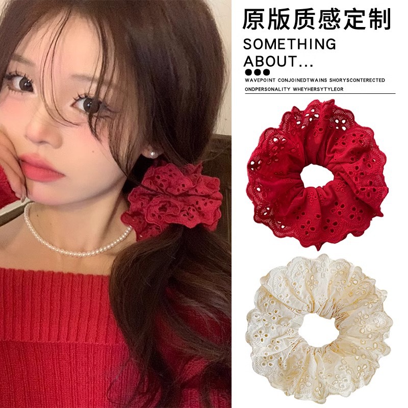 Doble capa de encaje rojo plegado anillo de cabello de intestino grueso retrógrado francés banda de encaje de alta elasticidad no daña adornos de cabello de cabello