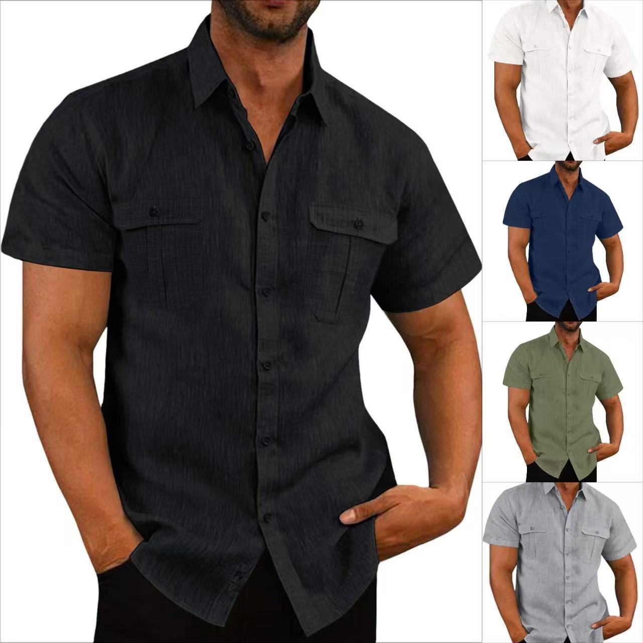 New 2025 Summer Casual Shirt Men Solid Color Patchwork Hemp Cardigan Short Sleeve Loose Lapel Men's Shirt 7 Colors