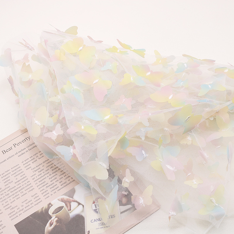 Venta caliente transfronteriza bordado 3D tridimensional gradiente mariposa tela de malla falda de los niños muñeca hilo foto decoración suministros