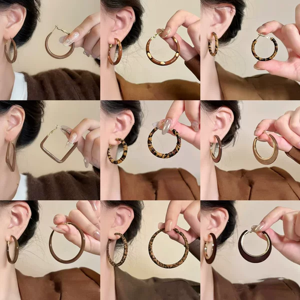 Melard brown oil-drip geometric round leopard print hoop earrings, simple European and American retro earrings, light luxury and high-end feel women's earrings