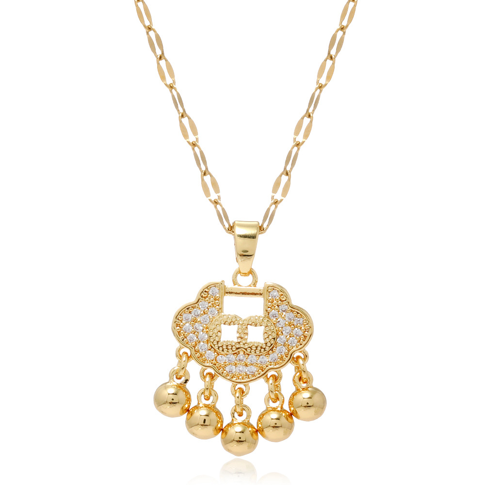 镀真金钛钢吊坠宝宝长命锁项链不锈钢吊坠平安锁项链女镶钻