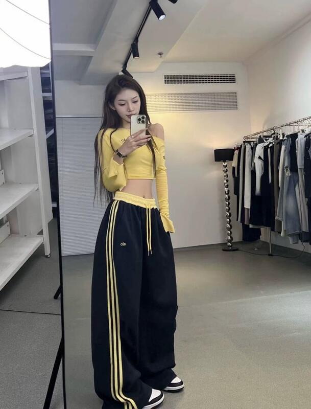 美式复古三条杠运动裤女2025秋冬款高腰抽绳显瘦运动阔腿裤子女|undefined