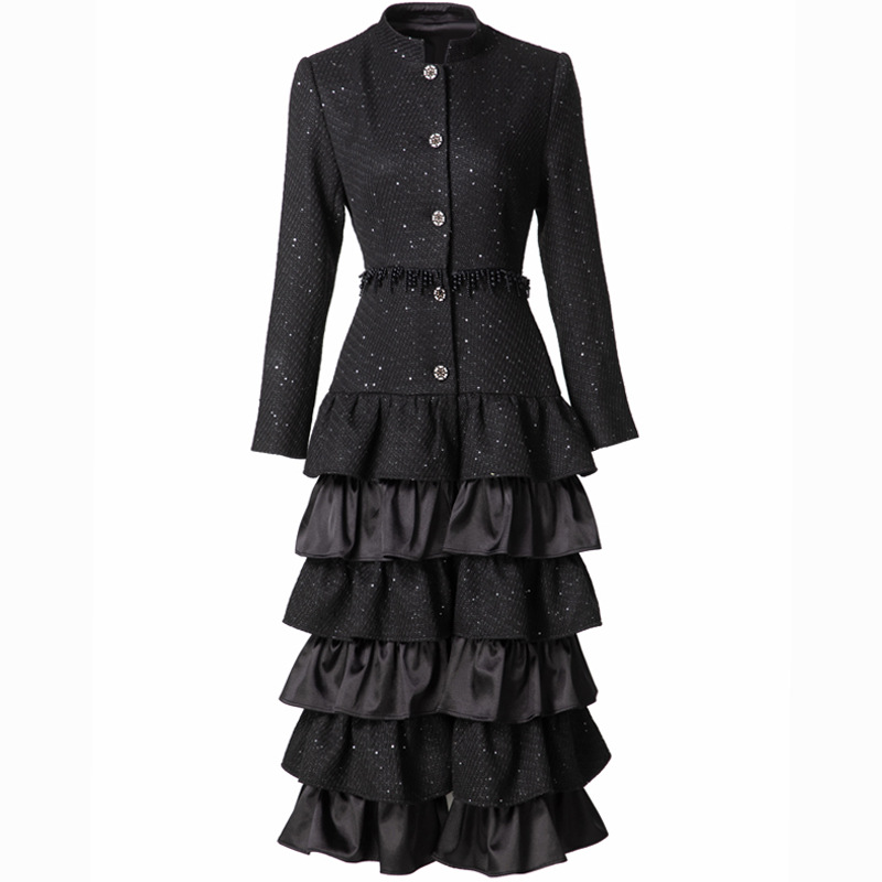 名媛重工手工钉珠流苏长袖荷叶边蛋糕风衣外套 欧洲站女春秋2025