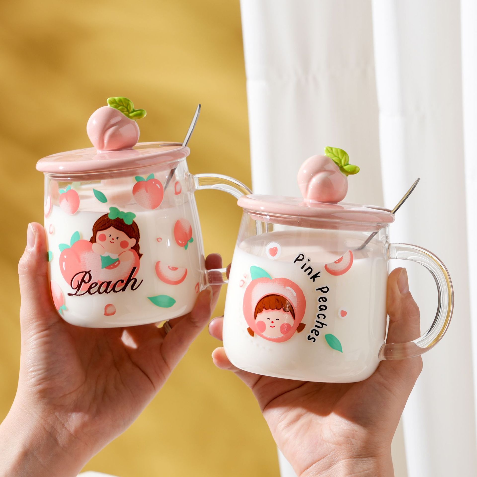 Creativa Rosa Melocotón Chica de vidrio con tapa cuchara regalo personalizado taza de agua estudiante taza de café taza de alta apariencia
