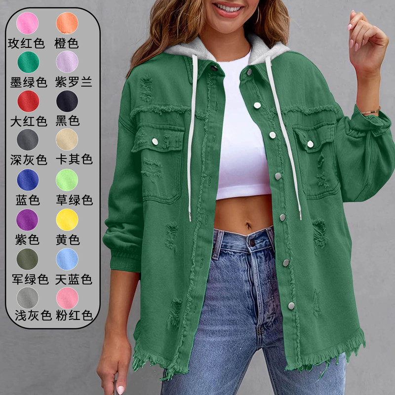 In Stock 2026 European and American Cross-Border New Casual Mid-Length Denim Jacket Women's Loose Ripped Splicing Jacket In Stock 2026 European and American Cross-Border New Casual Mid-Length Denim Jacket Women's Loose Ripped Splicing Jacket