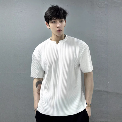 Summer thin V-neck short-sleeve T-shirt for men, Korean style loose sports fitness base shirt, ice silk breathable pleated T-shirt