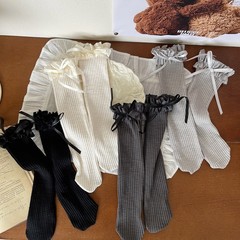 hotmoon新品设计师款韩系褶皱浪漫花边蝴蝶结女儿童宝宝中筒袜子