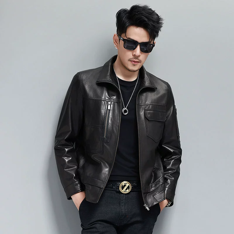 Autumn jacket with zipper, genuine leather