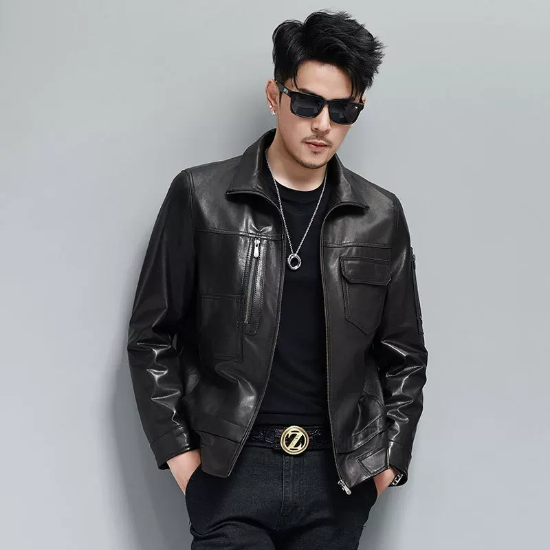 Autumn jacket with zipper, genuine leather