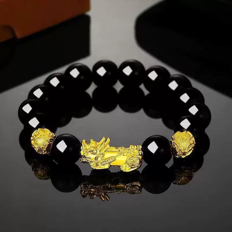 Bracciale pixiu in ossidiana nera con perline buddha oro_voghion.com