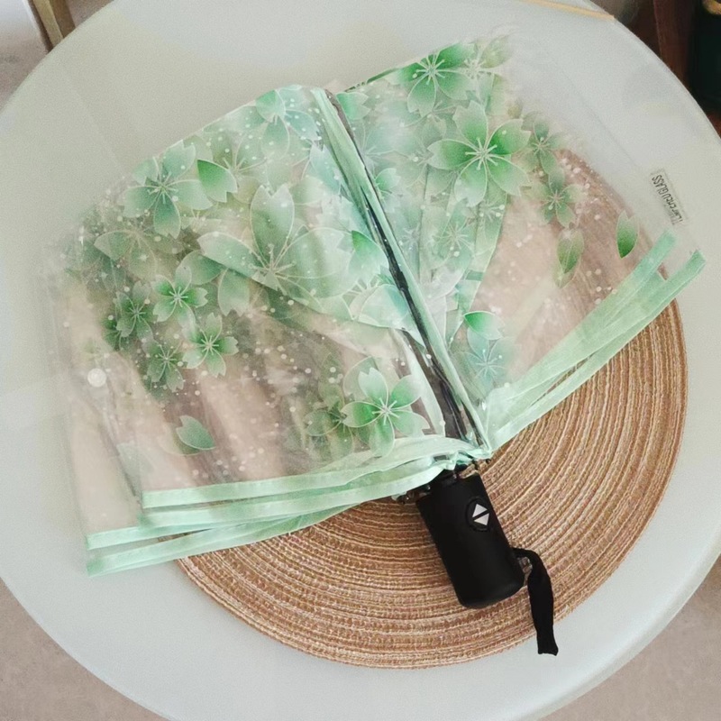 樱花小猫立体伞帽透明伞三折叠手动自动pvc雨伞竹蜻蜓弹簧小猫伞|undefined