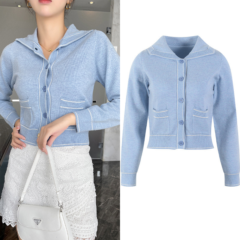 Autumn and Winter 2021 New Blue Navy Collar Knitted Cardigan French Temperament Single Breasted Women's Short Style Autumn and Winter 2021 New Blue Navy Collar Knitted Cardigan French Temperament Single Breasted Women's Short Style
