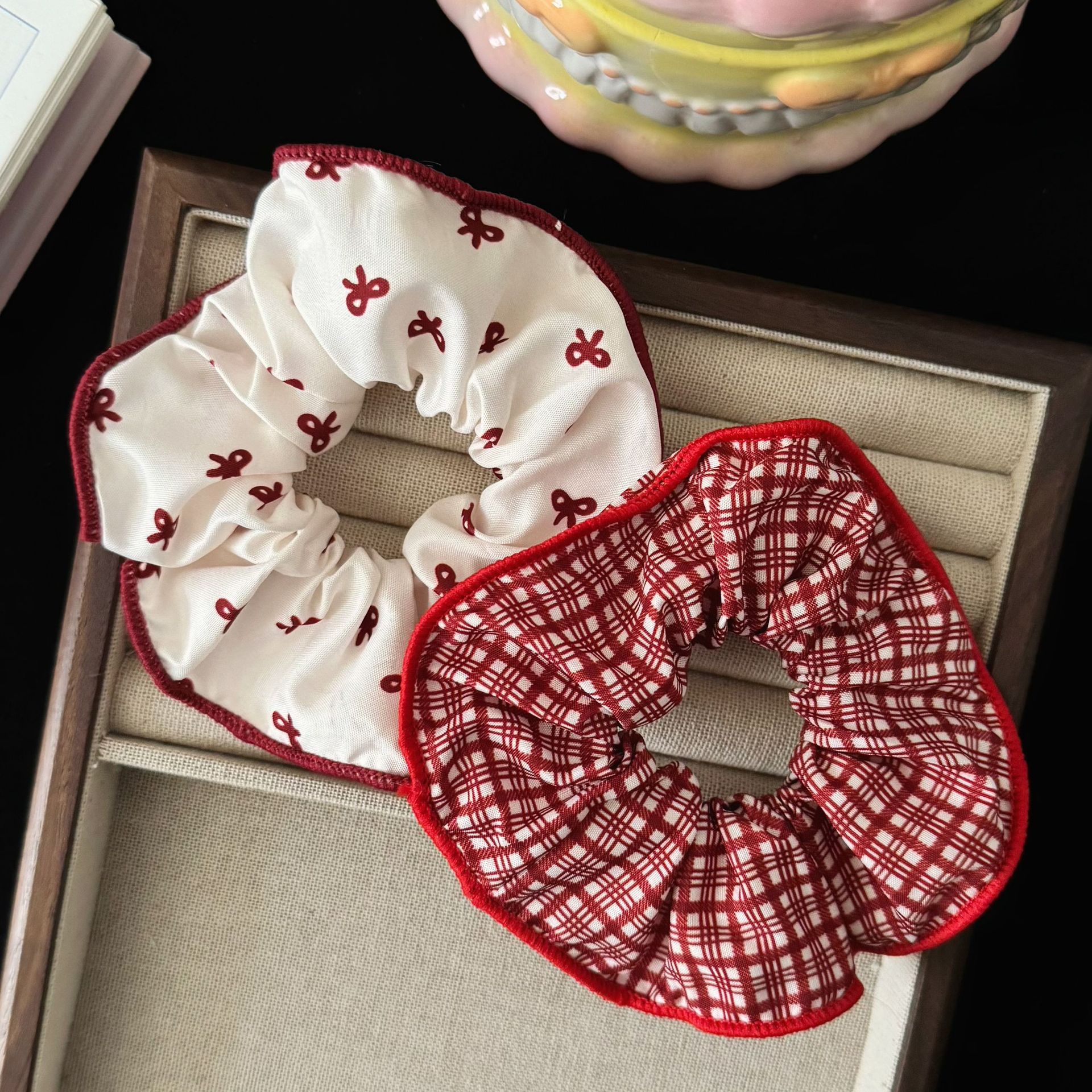 sweet cool style red printed bow tie plaid large intestine hair ring korean style high sense girly style intestine hair rope hair accessories