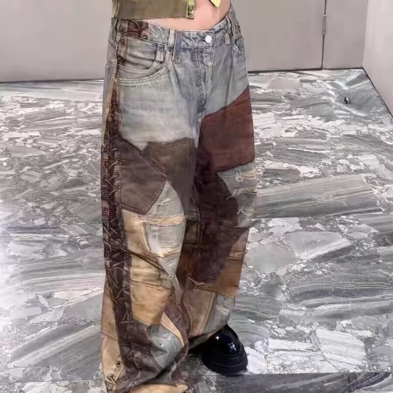 Retro Patch Mud Dye Ceiling Digital Printing Ripped Wide Leg Straight Men's and Women's Jeans Casual Trousers Spandex