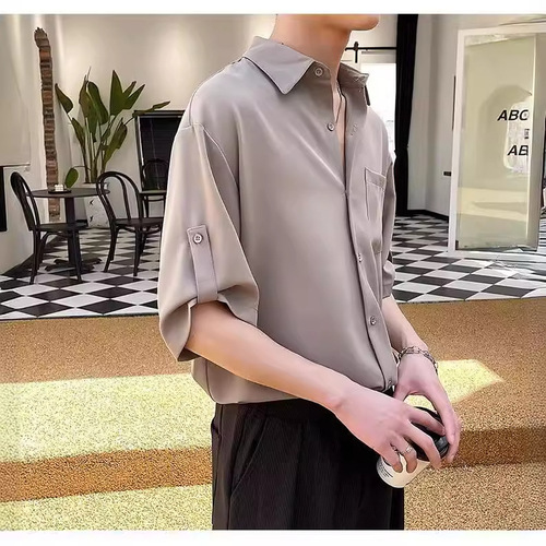 Men's Short-Sleeve Korean-Style Trendy Instagram-Worthy Cropped Shirt: Sleek, Cool, and Ultra-Chic Summer Top with a Luxurious Ice-Silk Feel