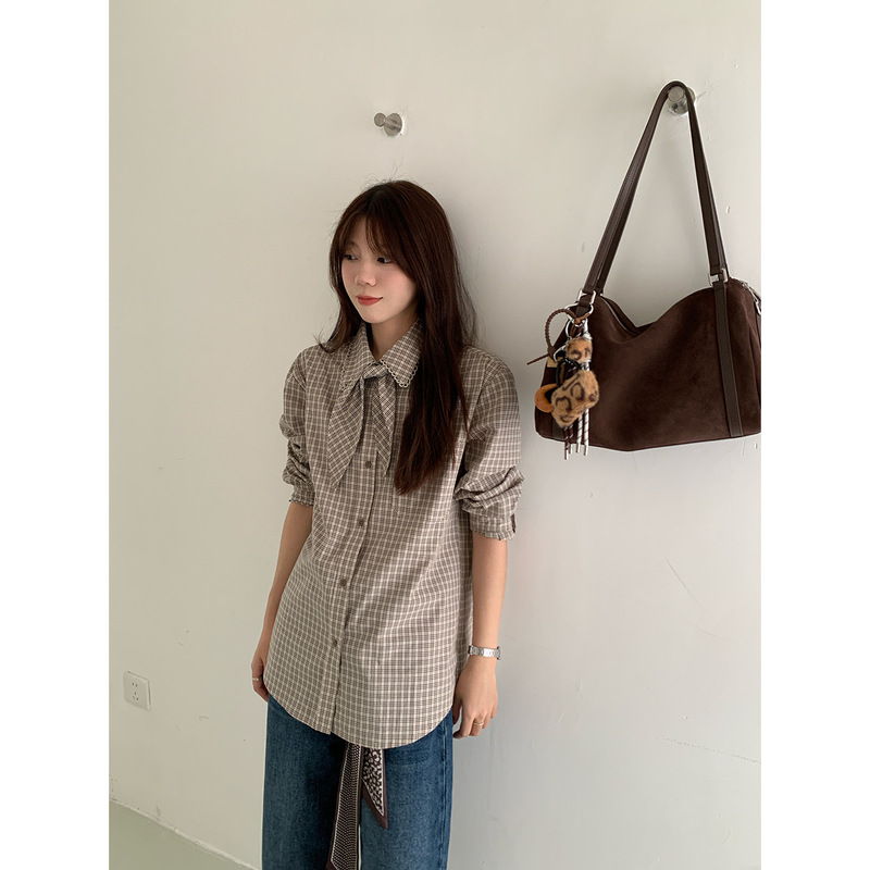 Icc 2026 Spring Classic Plaid Korean Style Gentle Style Tie Cardigan Loose Shoulder Casual Top for Women 1405