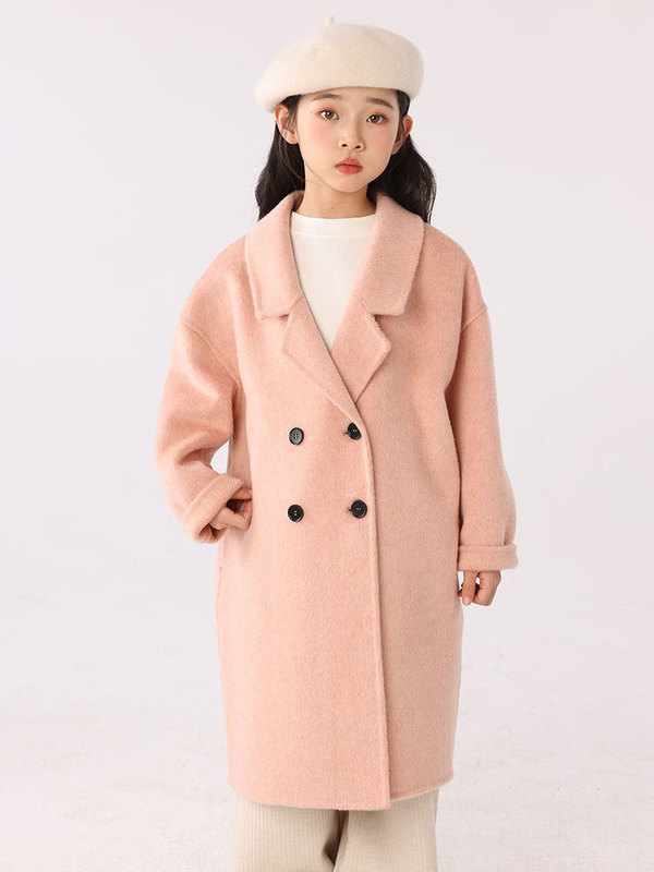 儿童双面羊绒大衣中长款西装领加厚外套秋冬女童装全羊毛呢双排扣|undefined