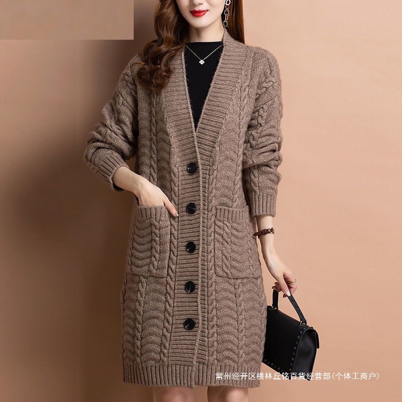 Plus Size Thick Woolen Over-The-Knee Thickeneded Knitwear Autumn and Winter Knitwear Jacket Women's Cardigan Mid-Length Hooded Fashion Windbreaker