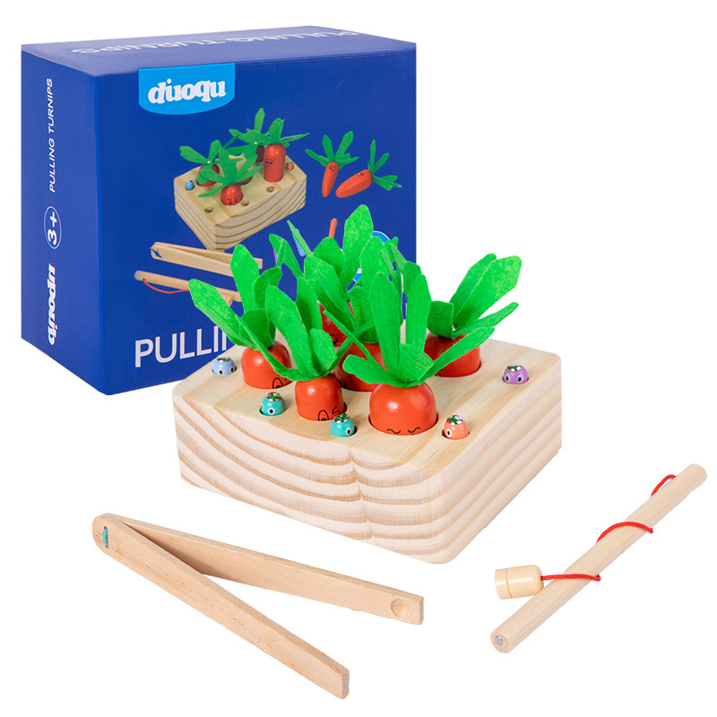 Bebé educación temprana Ilustración divertido bug catching juego simulación de madera zanahoria para niños pesca magnética rábano tirando juguete