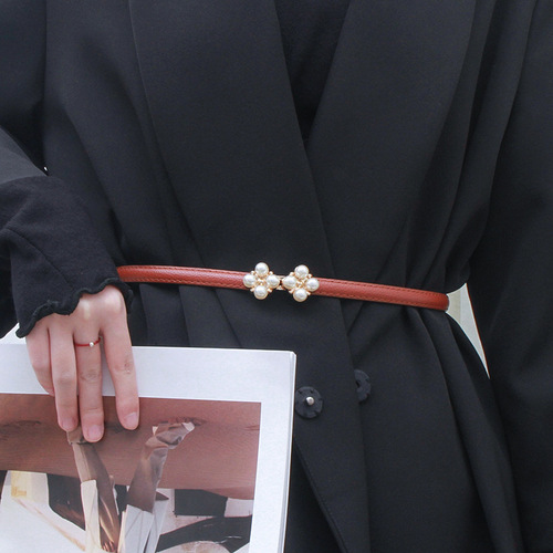 Pearl buckle waist belt for women, elastic thin black with skirt decoration dress belt for girls