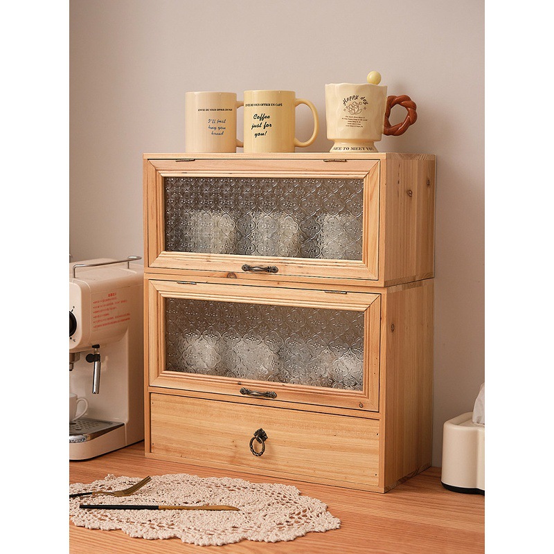 Tea Cup Solid Wood Storage Box Desktop Dustproof Cup Coffee Cup Display Cabinet Cosmetics Perfume Storage Rack Glass