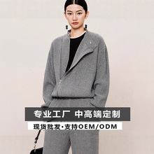 厂家批发25秋冬绵羊毛斜开襟针织衫女厚款复古机车夹克风毛衣女