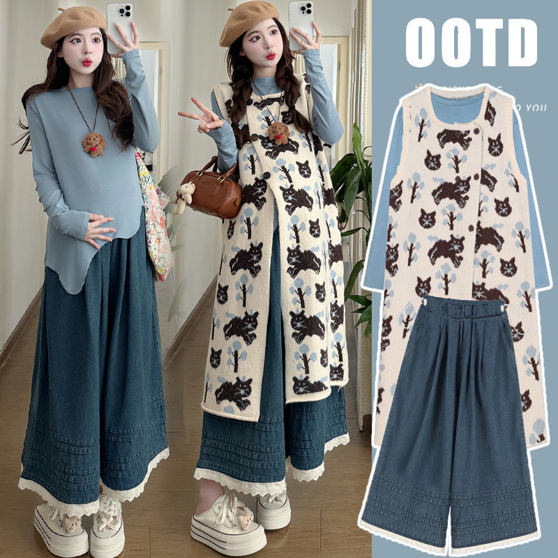 Real shot in stock pregnant women autumn fashion cat jacquard vest skirt vintage irregular base shirt loose jeans