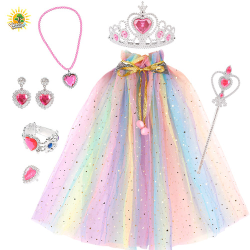 Vicky's Fairy Tale New Children's Girl Playing Queen's Cloak Scepter Crown Princess Bag Necklace Earrings Ring