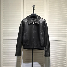 海宁皮衣短款欧货宽松大码编织绵羊皮真皮外套2025秋季皮夹克女装