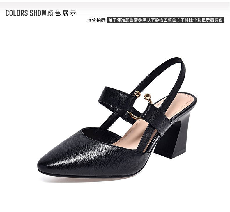 Sandal nữ da thật mũi nhọn gót vuông 5 cm, hở gót, phong cách mùa hè — Đen 5cm chi tiết 10