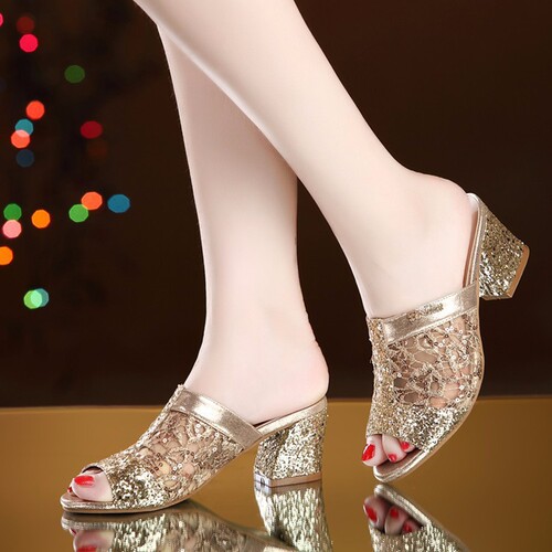 Women's 2024 Summer New Fish-Toe Medium Heel Mesh Rough Heel Glitter Casual Plus Size Sandals Direct Manufacturer Sale