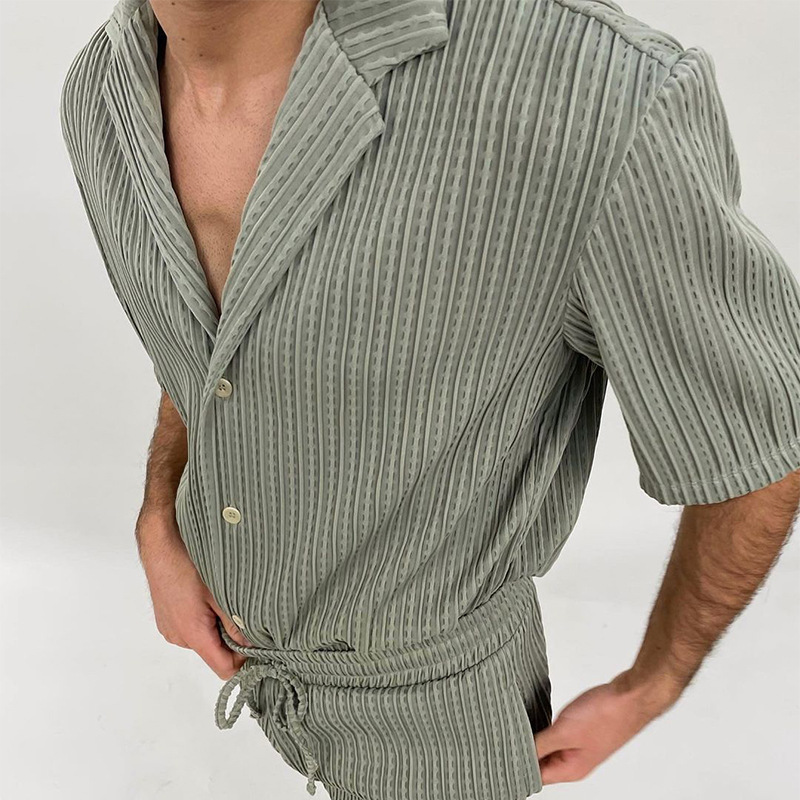 Verano casual suelta camisa de manga corta pantalones cortos de moda a rayas traje de ropa de hombre traje de dos piezas de los hombres traje deportivo de los hombres