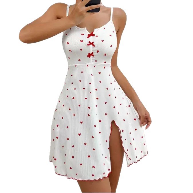 Cross-Border New Heart-Printed Home Nightgown with Front Slit and Deep V Sexy Suspender Skirt Pajamas for Women's Home Wear