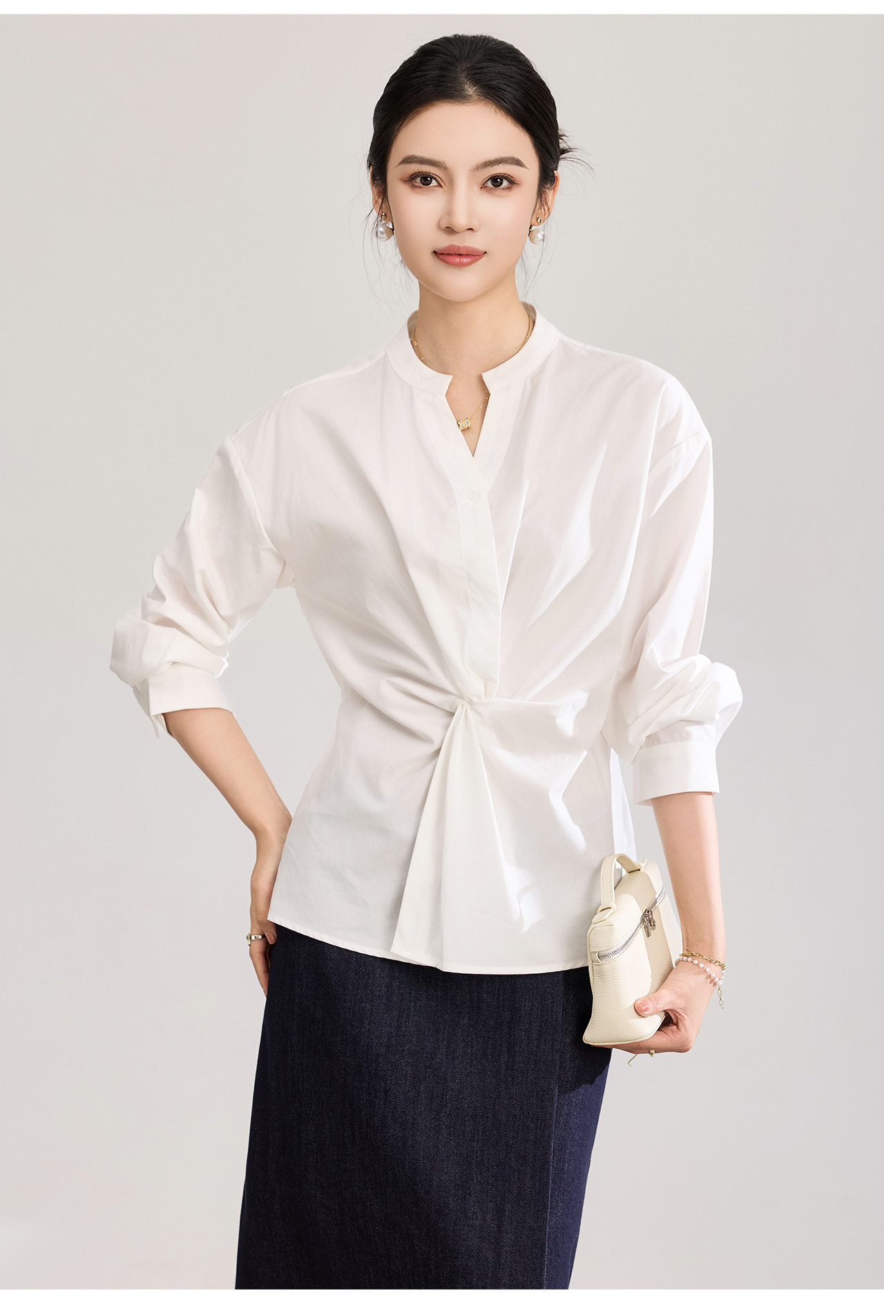 Áo sơ mi nữ dài tay chất lụa tencel phối xoắn thanh lịch — xanh lam chi tiết 23